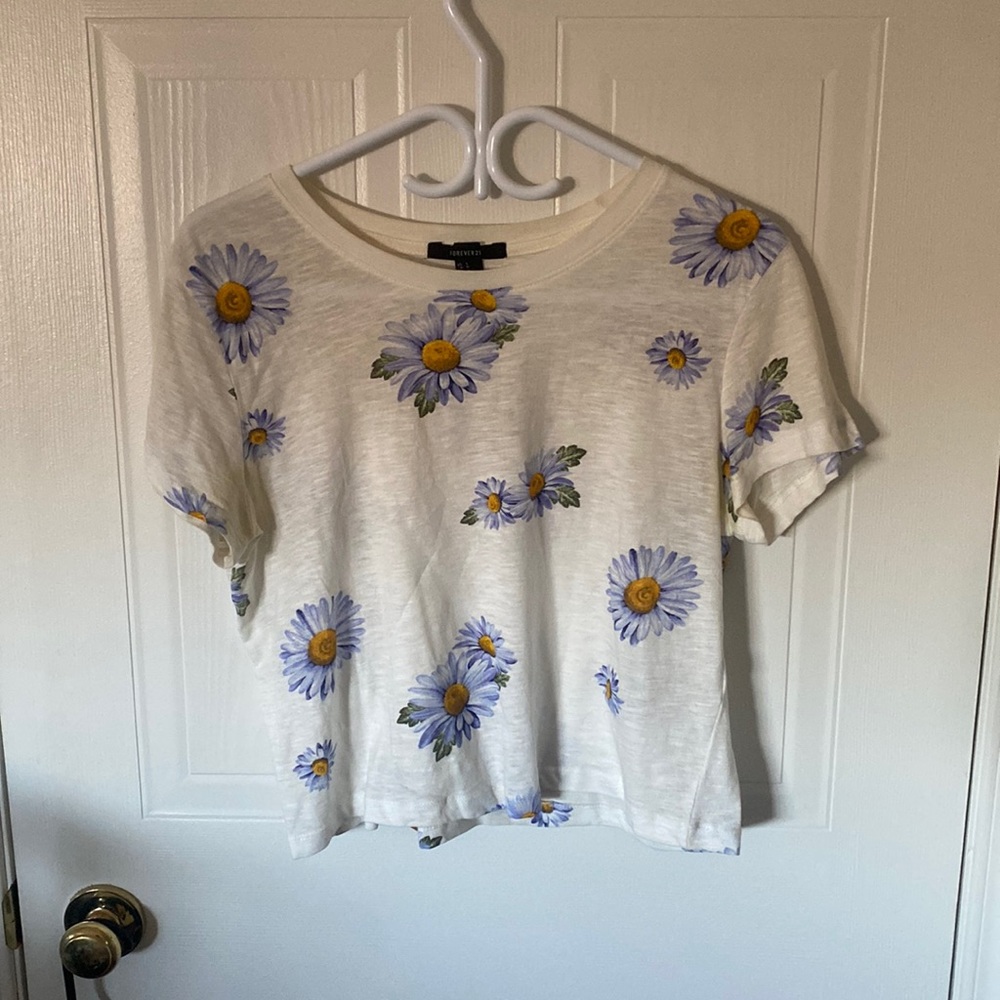 Cropped White Tee with Purple Flowers